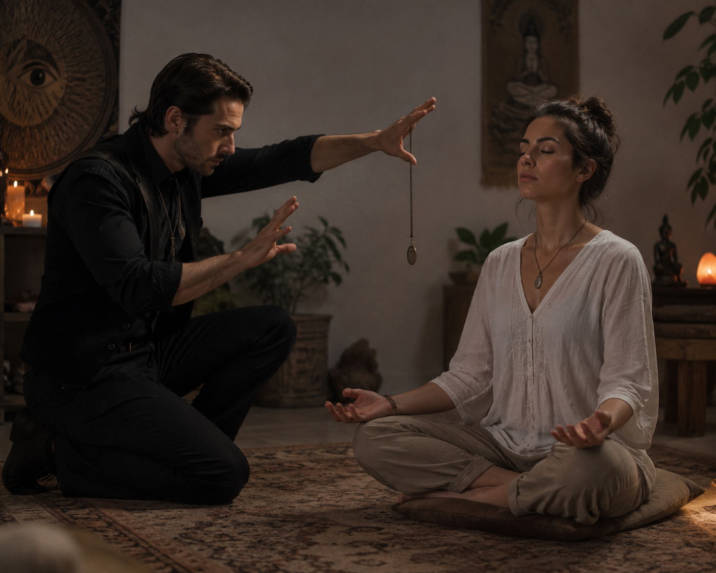 menghipnotis seseorang yang sedang meditasi